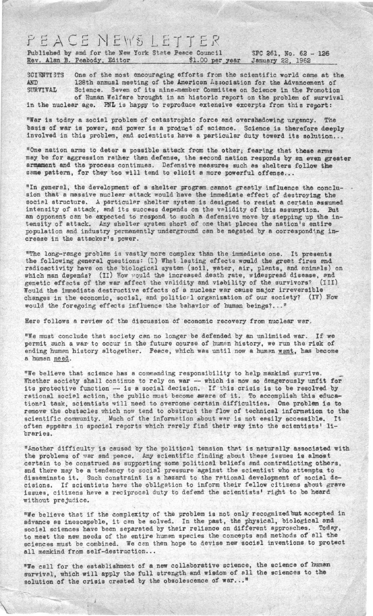 Peace Newsletter, 1962